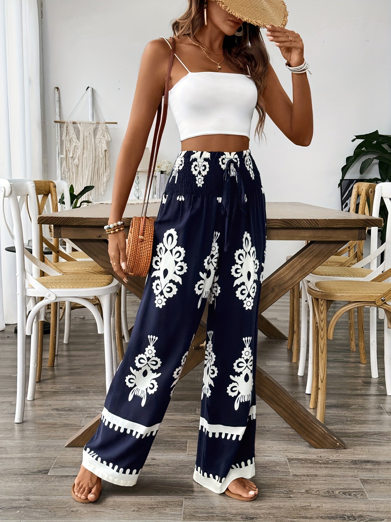 Viena Vintage Floral Print Pleated Waist Wide Leg Pants