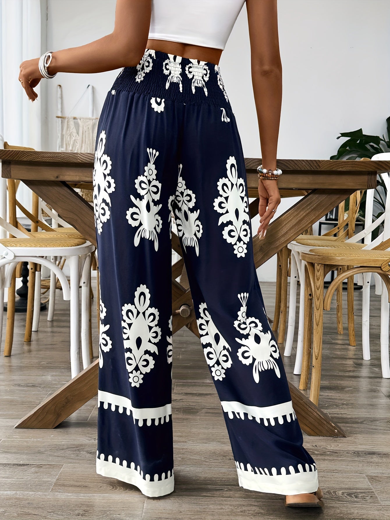 Viena Vintage Floral Print Pleated Waist Wide Leg Pants